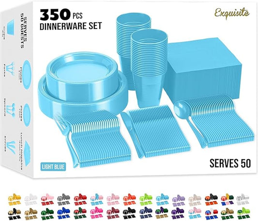 Party Solids 350 Pieces Light Blue Plastic Plates For Party, Light Blue Disposable Plates Set, 50 Of Each 9" Dinner Plate Set, 7" Dessert Plate, Cups, Napkins & Cutlery Plastic Dinnerware