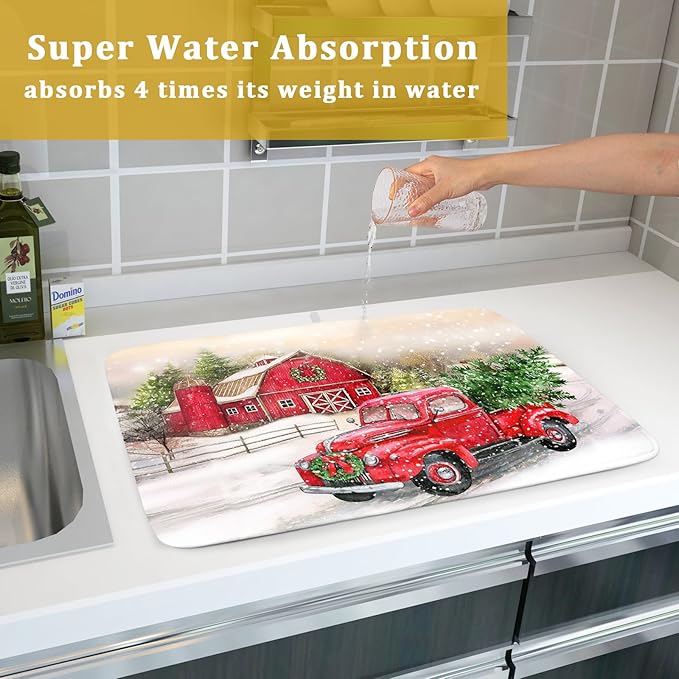 Red Truck Dish Drying Mat Xmas Tree Dish Drainer Rack Mat Winter Microfiber Absorbent Drying Pad for Home Kitchen Counter Decor 18x24 Inch