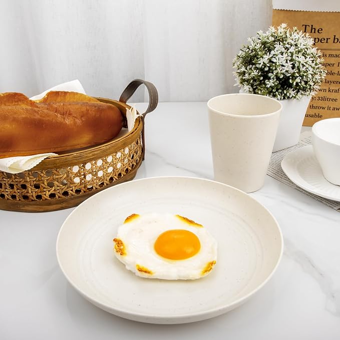 Rubtlamp 24 Pcs Wheat Straw Dinnerware Sets, Unbreakable Reusable Plastic Wheat Straw Bowls & Plates Dinner Set, Microwave And Dishwasher Safe Plates, 12Plates, 6Bowls, 6Cups for Party(Beige)