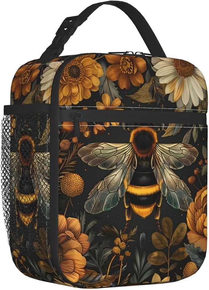 Reusable Retro Bee Floral Lunch Box for Kids, Insulated Yellow Black Bumblebee Vintage Bag,Polyester Cooler Animal Lovers Handbags Case for School Picnic Work Travel Beach or Hiking, Gifts