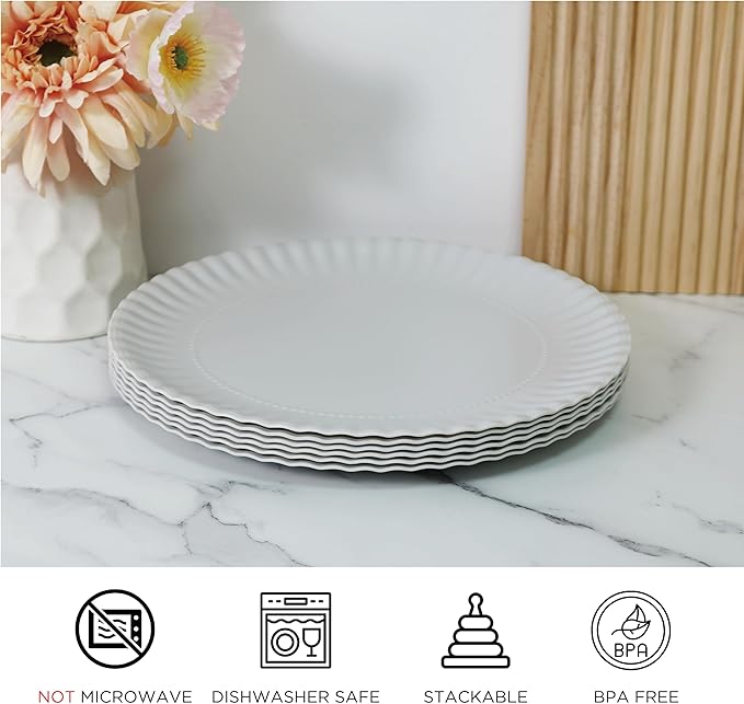 TP 10.5 inch Melamine Dinner Plates Set of 6, Lightweight Serving Round Salad Appetizer Plate for 6, Dessert Dishes for Indoors and Outdoors, Grey