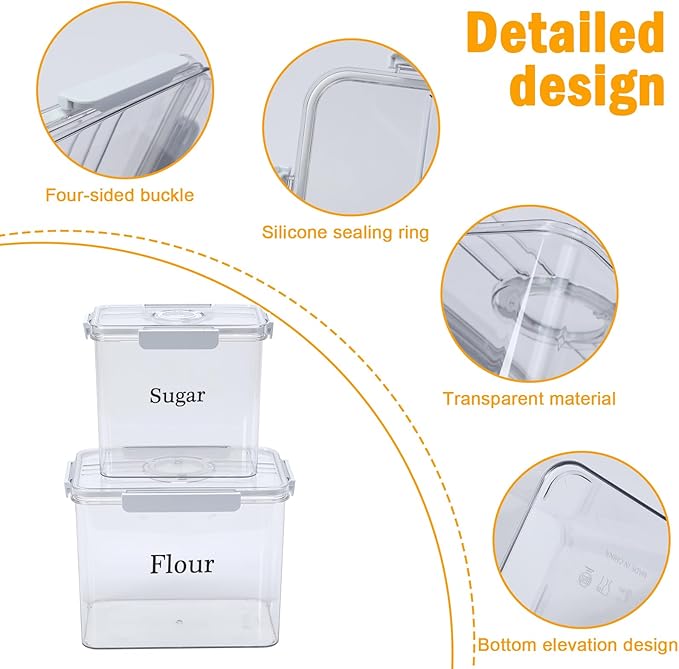 2 Pack Flour Sugar Storage Container,Plastic Food Storage Containers with Airtight Lids,Canisters Sets for The Kitchen,Sugar,Flour,Cereal,Baking Supplies,Rice,Pantry Organization Bin(5.2&2.9L)