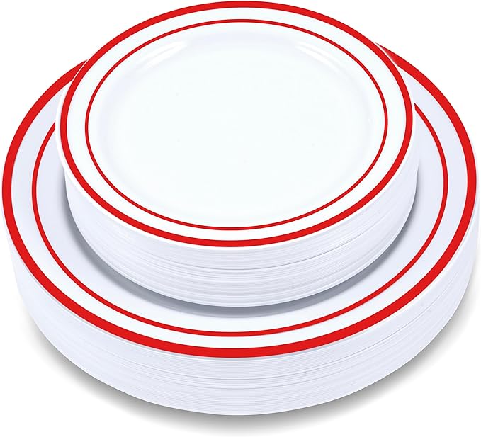 60 Pieces White Plastic Disposable Plates - Premium Heavy-Duty 30 Dinner Plates & 30 Salad Plates with Red Rim Ideal for Party, Birthday and Special Events