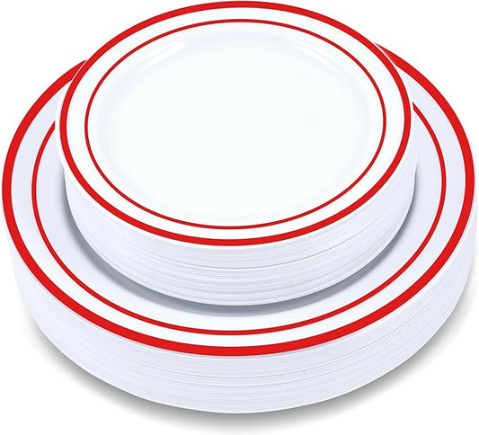 60 Pieces White Plastic Disposable Plates - Premium Heavy-Duty 30 Dinner Plates & 30 Salad Plates with Red Rim Ideal for Party, Birthday and Special Events