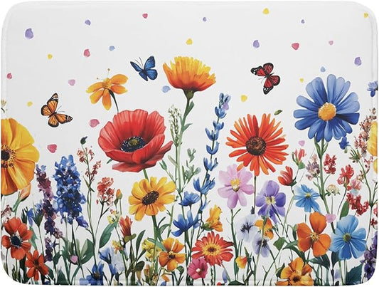 Watercolor Flower Dish Drying Mat 18x24 Inch Floral Butterfly Dish Drainer Protector Pad Washable Reversible Kitchen Counter Dish Dry Pad