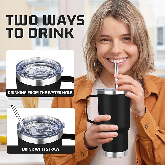 20 oz Tumbler with Handle Stainless Steel Insulated Coffee Mug Tumbler with Lid and Straw Double Wall Vacuum Insulated Coffee Mug Leak Proof Travel Mug Tumbler for Hot and Cold Drink (Black,8pack)