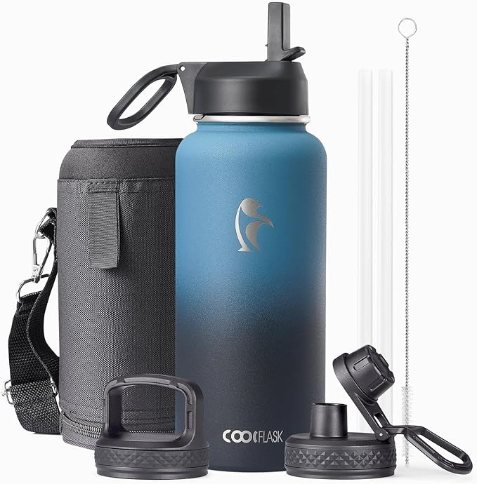 Water Bottle 32 oz Insulated with Straw, Coolflask Stainless Steel Metal 3 Lids Water Flask Wide Mouth for Sports or Office, Non-BPA Keep Cold Up to 48 Hrs or Hot Up to 24 Hrs, Samurai Cyan