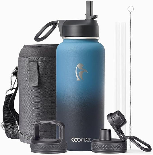 Water Bottle 32 oz Insulated with Straw, Coolflask Stainless Steel Metal 3 Lids Water Flask Wide Mouth for Sports or Office, Non-BPA Keep Cold Up to 48 Hrs or Hot Up to 24 Hrs, Samurai Cyan