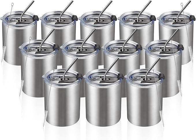 MEWAY 12 oz Lowball, Tumbler Stainless Steel Double Wall Vacuum Insulated Mug with Straw and Lid, Cleaning Brush ，Durable Powder Coated Insulated Coffee Cup for Cold & Hot Drinks (Silver, 12 pack)