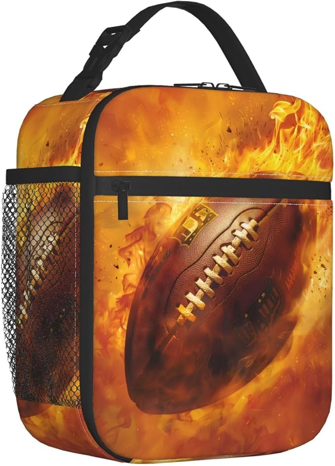 American Football Lunch Box for Athletics Lovers, Tote Bag with Fire Ball Print, Insulated Lunchbox Gifts, Reusable Cooler Lunchboxes for Sport, Office, School, Picnic, Travel