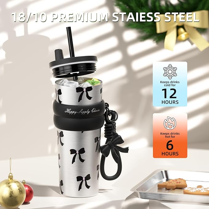 24 oz Stainless Steel Tumbler with Lid and Straw, Insulated Water Bottle Leak Proof for Hot and Cold, Portable Travel Coffee Mug, Reusable Coffee Cup for Women, Bow