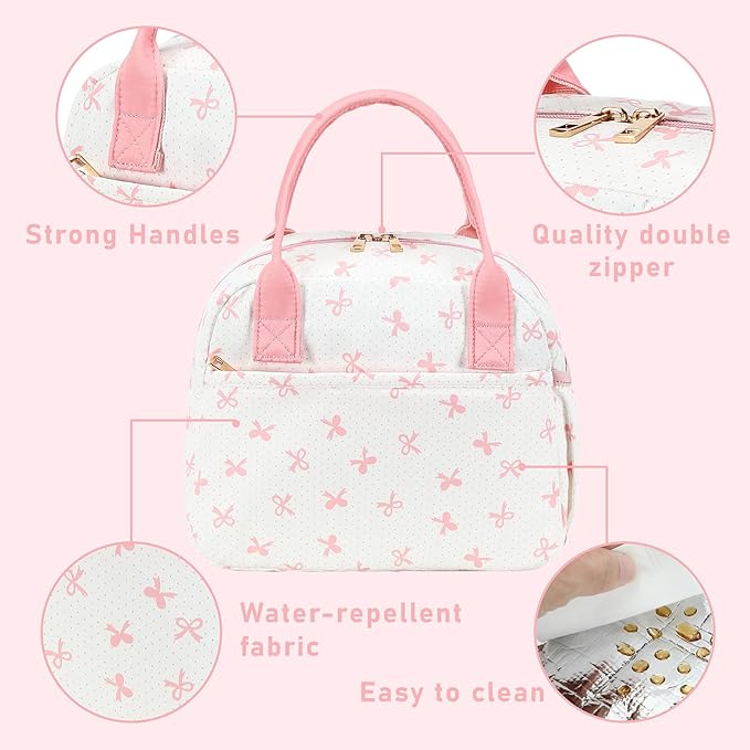 CAMTOP Lunch Box for Women Insulated Lunch Bag Lunchbox Cooler Thermal Leakproof Quilted Reusable Lunch Tote Bag for Work School Travel Picnic (Pink Bow)