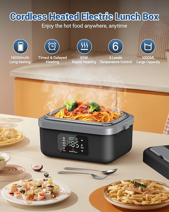 VASG Cordless Electric Lunch Box for Adults, 16000mAh Rechargeable Auto Heated Lunch Box, 1L Portable Self-Heating Food Warmer for Office, Picnic, Car & Outdoor Use