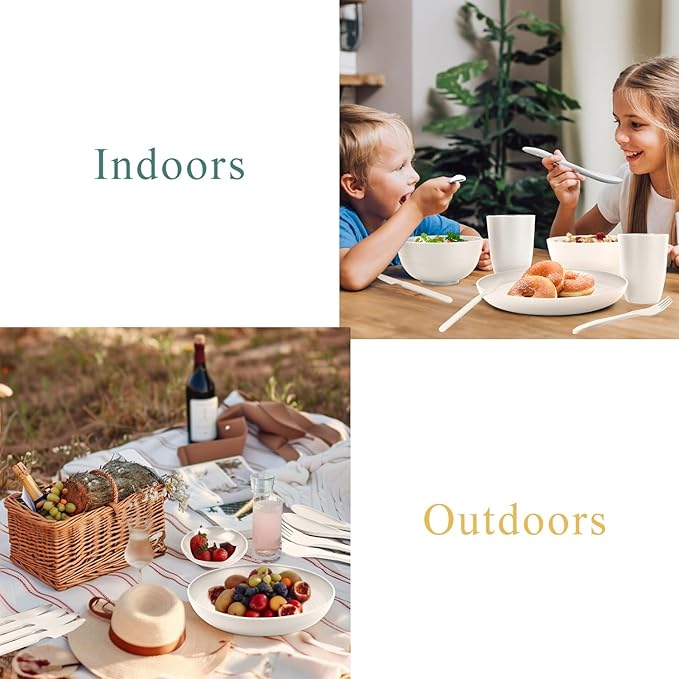 Wrova Wheat straw dinnerware sets - 28 Pieces dish sets service for 4 - Lightweight and Unbreakable Plates and Bowls Sets for Travelling and Camping.White