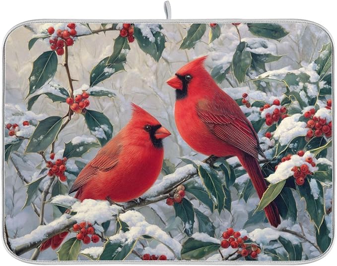 Red birds Snow Dish Drying Mat for Kitchen Counter Super Absorbent Dishes Pad Reversible Microfiber Protector Dish Draining Mats 16x18 inch