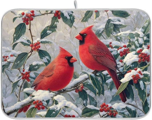 Red birds Snow Dish Drying Mat for Kitchen Counter Super Absorbent Dishes Pad Reversible Microfiber Protector Dish Draining Mats 16x18 inch