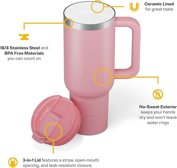 RTIC 40 oz Road Trip Tumbler Double-Walled Cermaic Lined Insulated Stainless Steel Portable Travel Coffee Mug Cup with Lid, Handle and Straw, Dusty Rose