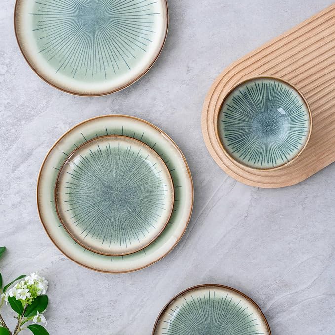 Dinnerware Set Green 12 Pieces Service for 4, Stoneware Plates and Bowls Set Stoneware Set, Dishwasher Microwave Safe Dishes set