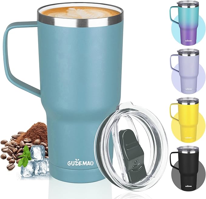20 oz Insulated Coffee Mug with Ceramic Coating, Stainless Steel Travel Mug Tumbler with Handle Lid and Straw, Double Wall Leak-Proof Coffee Travel Mug Keeps Drink Hot and Cold (Lake Green)