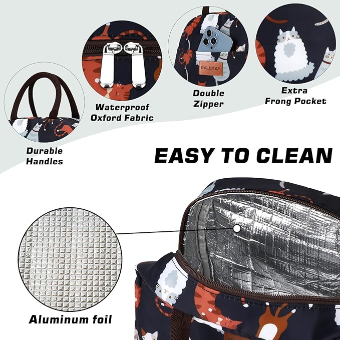 BALORAY Lunch Bag for Women Men Cute Reusable Insulated Lunch Box Large Capacity Lunch Tote Bag for Work, Picnic or Travel(Dark Blue With Cat)