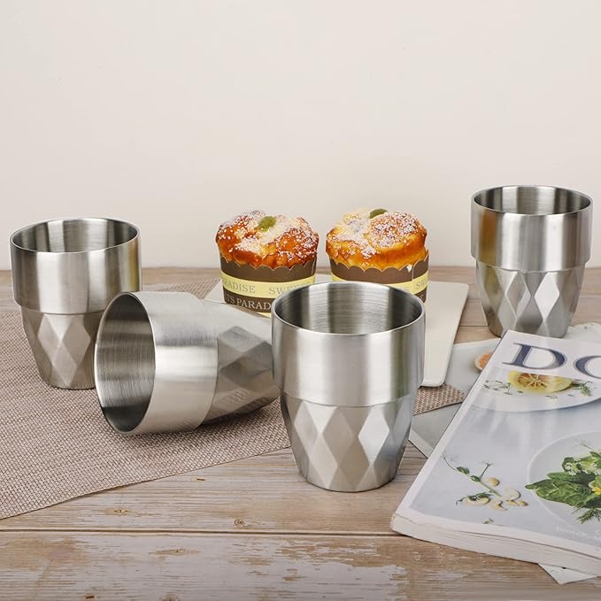 Beasea Stainless Steel Cup, 10 oz Set of 4 Stackable Stainless Steel Insulated Cups, Small Metal Cup Double Wall Tumbler Vacuum Metal Drinking Glasses for Home Restaurant Outdoors Camping Party