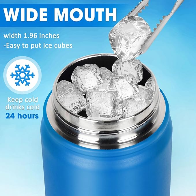 24 oz Insulated Water Bottle with Straw, Stainless Steel Double Wall Vacuum Thermos with Straw Lid Leak Proof, Wide Mouth Lid, Keep Cold and Hot