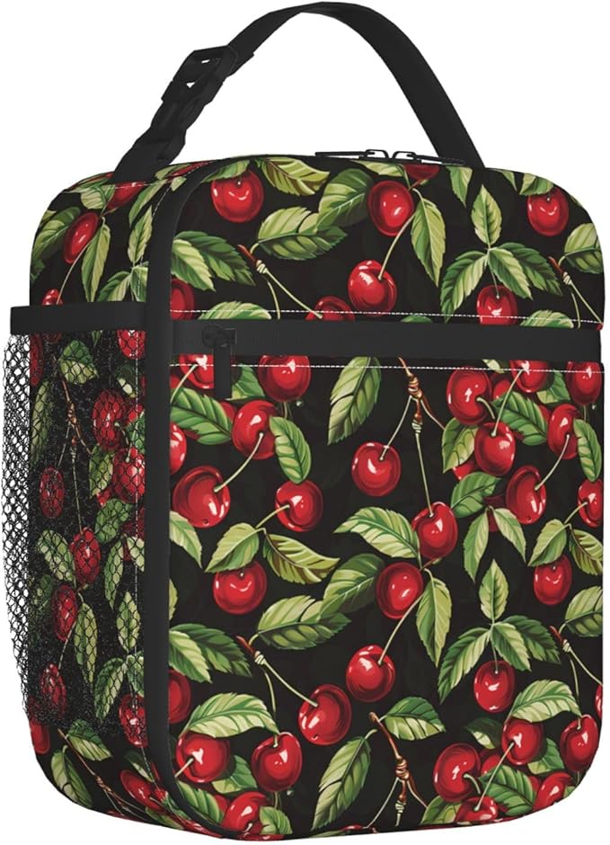 Reusable Cherry Lunch Box for Kids Girls Boys Women Adult, Insulated Cute Leaf Lunch Bag,Polyester Cooler Art Handbags Case for School Picnic Work Travel Beach or Hiking (Black)