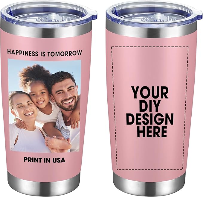 Personalized Custom Tumbler Print in USA 20oz Stainless Steel Coffee Cup with Lid & Straw Double Wall Insulated Tumbler with Colorful Text Logo Photo