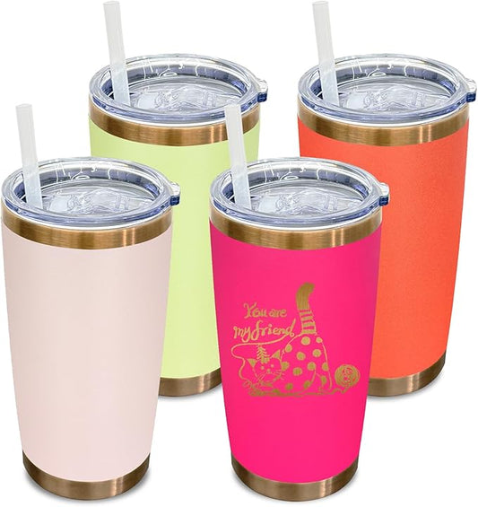20 oz Tumbler Bulk 4 Pack Stainless Steel Tumblers with Lids and Straws, Double Wall Vacuum Insulated Travel Coffee Mug for Laser Engrave, Powder Coated Cups for Hot and Cold Drinks (Mixed B,4 pack)