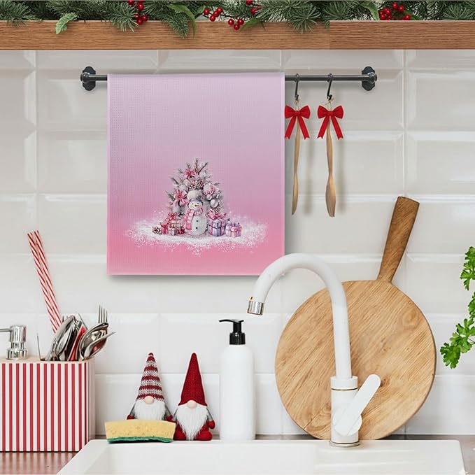 Pink Coquette Bow Christmas Snowman Kitchen Towels, Preppy Winter Dish Towels Drying Cloth for Kitchen, Winter Holiday Xmas Snowman Decorative Hand Towel for Bathroom, 16x24 Inch
