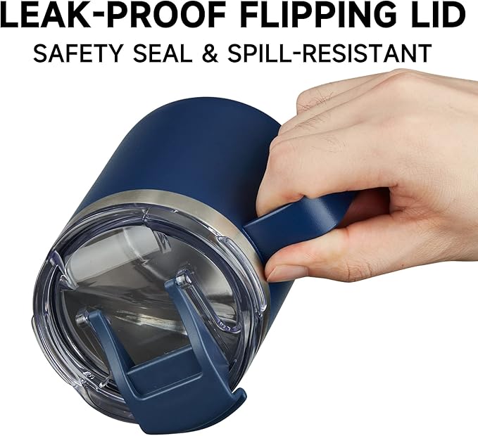 ALOUFEA 12oz Stainless Steel Insulated Coffee Mug with Handle, Double Wall Vacuum Tumbler Cup with Fliping Lid, Navy, 4 Pack