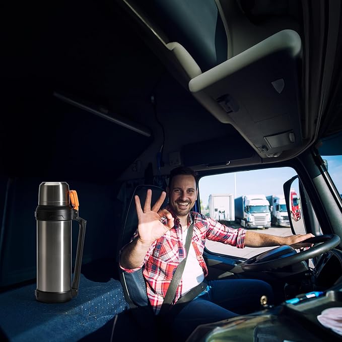 88oz Large Coffee Thermo for Travel, 2500ml Insulated Stainless Steel Water Bottle with Cup and Handle, Water Jug for 24hr Hot and Cold drinks, Vacuum Flask for Camping, Fishing & Working, Silver