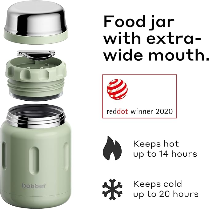 BOBBER 24 oz Insulated Stainless Steel Thermos for Hot Food, Extra-Wide Mouth Soup Container with Spoon and Bowl - Keeps Rice and Pasta Hot for 14 Hours and Salads Cold for 20 Hours (Green)