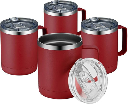 MEWAY 12oz Coffee Mug With Handle 4 Pack Bulk,Stainless Steel Insulated Travel Tumblers With Sliding Lid,Double Wall Vacuum Camping Cup for Hot & Cold Drinks Tea (Red,Set of 4)