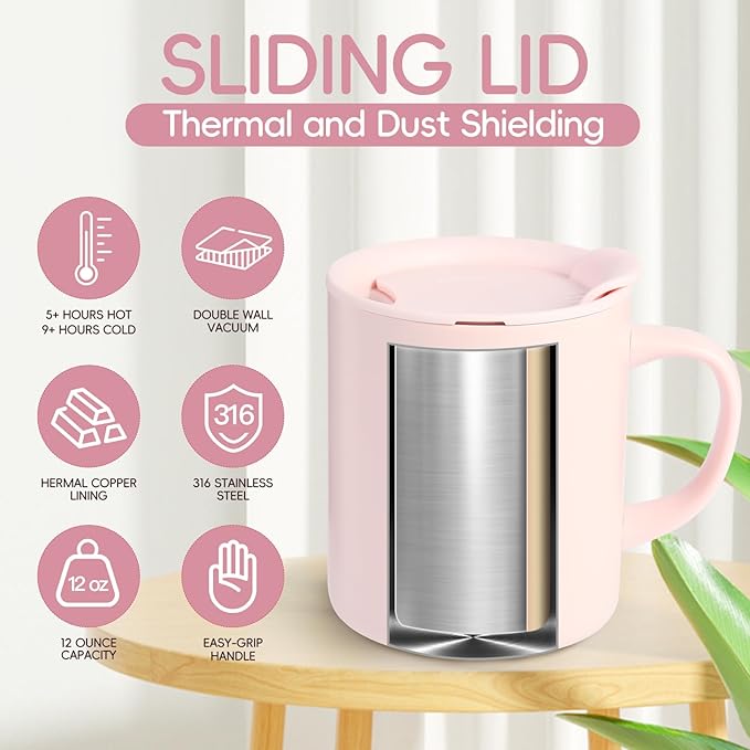 12oz Coffee Mug,Insulated Camping Mug with Lid,Double Wall Stainless Steel Travel Coffee Cup with Handle, Vacuum Reusable Coffee Tumbler Cup for Home, Office, Camping - Pink