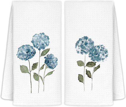 Blue Hydrangea Flowers Floral Kitchen Towels Set of 2 - Summer Flowers Decorative Hand Towels for Bathroom, Blue Hydrangea Decor Dish Towels for Kitchen, Floral Hand Towels, 16x24