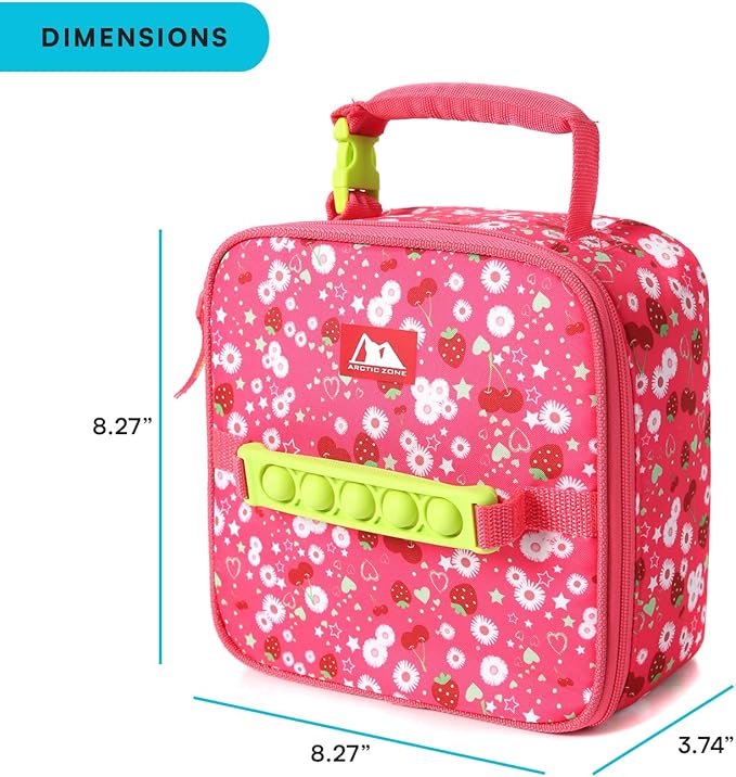 Arctic Zone Pop-it Kids Lunch Box Combo with Sensory Pop Handle, 210g Ice Pack, and Sandwich Container, Very Berry Cherry