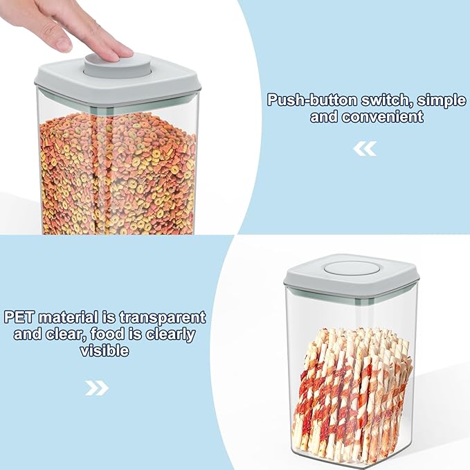 4.2Qt 2Pack Airtight Dog Cat Food Storage Container and Dog Treat Containers BPA-Free, PET Clear Stackable Pet Storage Bin, 1 Cup Scoop, 1 Sponge cleaning brush, Pop Top, With handle (Grey)
