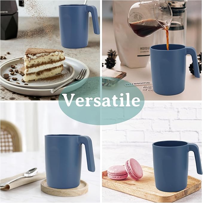 Wrova 16oz Wheat Straw Cups with handles set of 6-Plastic Cups Reusable-Unbreakable Kids Mugs-Dishwasher Safe & Microwave Safe-Ideal Plastic Mugs for Tea,Coffee,Camping,RV-Navy Blue