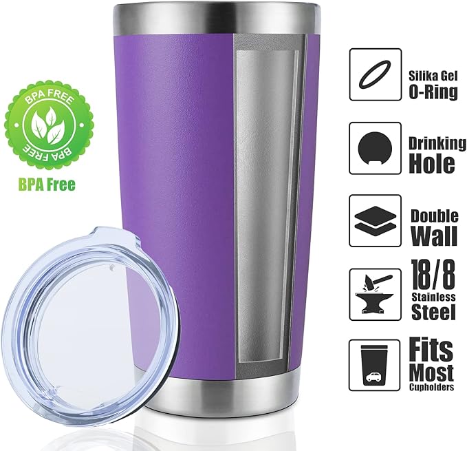 DOMICARE 20oz Stainless Steel Tumbler Bulk with Lid, Double Wall Vacuum Insulated Travel Mug, Powder Coated Coffee Cup (Powder Purple, 12)