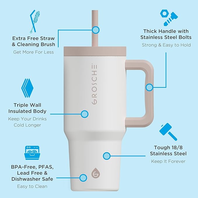 GROSCHE ASPEN 32 oz Tumbler with Handle and Straw. Extreme Insulation, Classy Design, Built to Last Insulated Stainless Steel Tumbler with Handle, Lid and Straw - Cream White