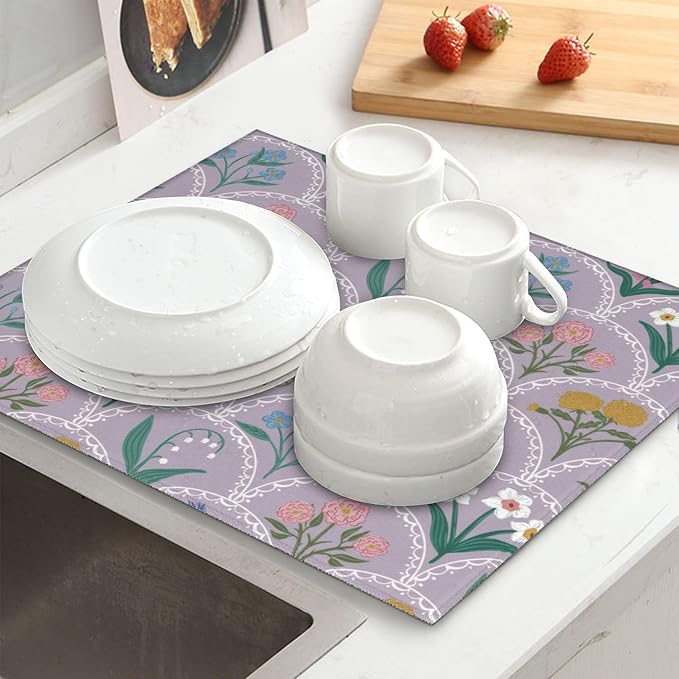 Vintage Flowers Dish Drying Mat 16x18 Inch, Microfiber Absorbent Fast Dry Mat Mushroom Floral Large Dish Mat Drying Kitchen Mat, Kitchen Drying Pad for Kitchen Counter Coffee Bar Decor Gifts