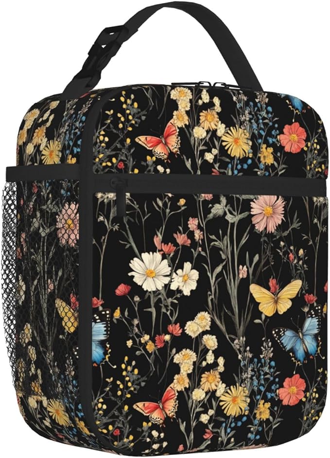 SUPLUCHOM Lunch Bag Wildflower Botanical Butterfly Flower Insulated Bento Box Cooler with Side Pocket for Girl Boy Women Men Work School Picnic Hiking Daytrip