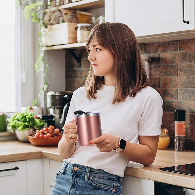 Volhoply 12oz Insulated Leakproof Coffee Mug with Flip & Straw Lid,Double Wall Vacuum Stainless Steel Travel Tumbler Cup with Handle,Reusable Camping Mugs Keep Cold/Hot(Rose Gold,1 Set)