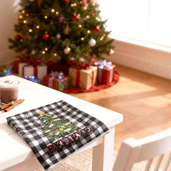 Christmas Dish Towels Set of 2-18"x26" Holiday Kitchen Towels with White & Black Checkered Design, Quick-Drying Xmas Themed Hand Towels