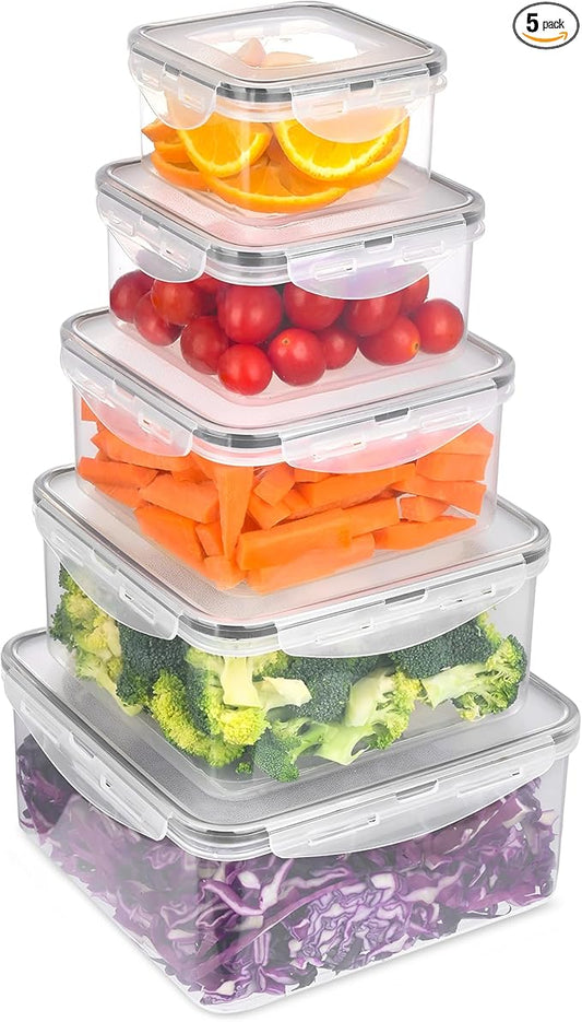 5pc Food Storage Containers with Lids, Airtight Leakproof BPA Free Plastic Meal Prep Boxes, Stackable Nesting Kitchen Containers, Reusable Freezer Dishwasher Safe for Snacks, Fruit & Leftovers