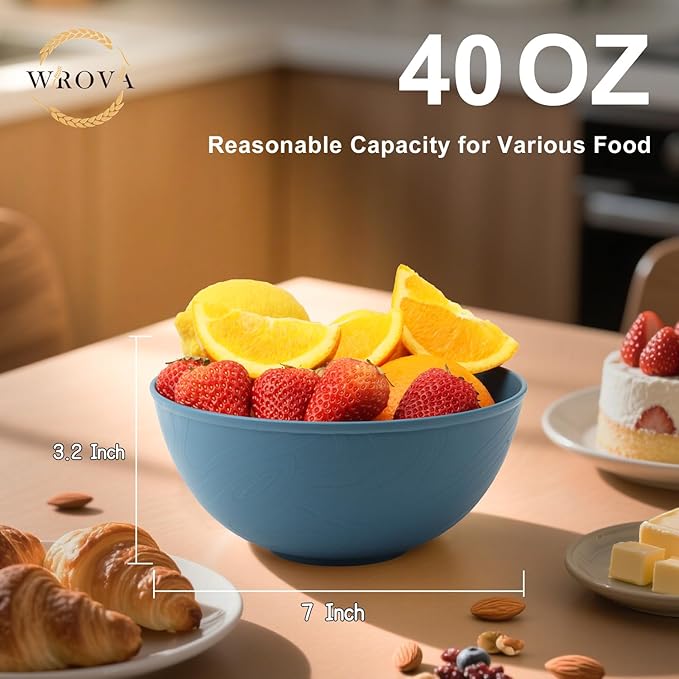 Wrova Wheat Straw Salad Bowls for Kitchen set of 6,Anit-Scald Thick Soup Bowls 40oz,Microwave and Dishwasher Safe Bowl set easy to clean. Blue