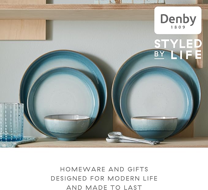 Denby - Azure Haze Dinner Set For 4-12 Piece Coupe Reactive Glaze Aqua Ceramic Stoneware Tableware Set - Dishwasher Microwave Oven Safe - Scratch Chip Resistant