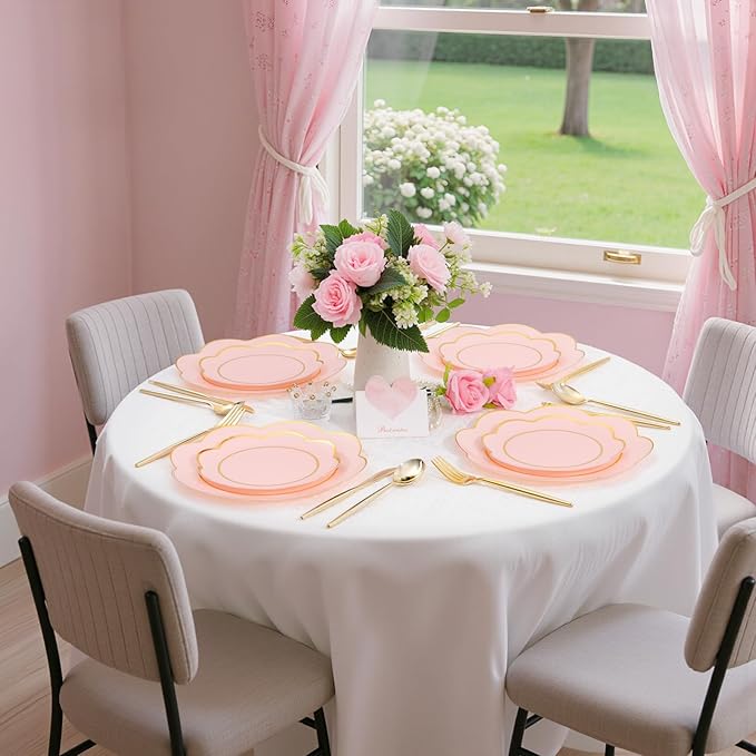 WONDERFUL 60pcs High-End Pink Plastic Plates - Disposable Heavy Duty Pink Plates with Gold Rim Plastic Disposable Plate for Party Wedding/Birthday/Bridal Shower/Upscale Banquet Suitable for 30 Guests