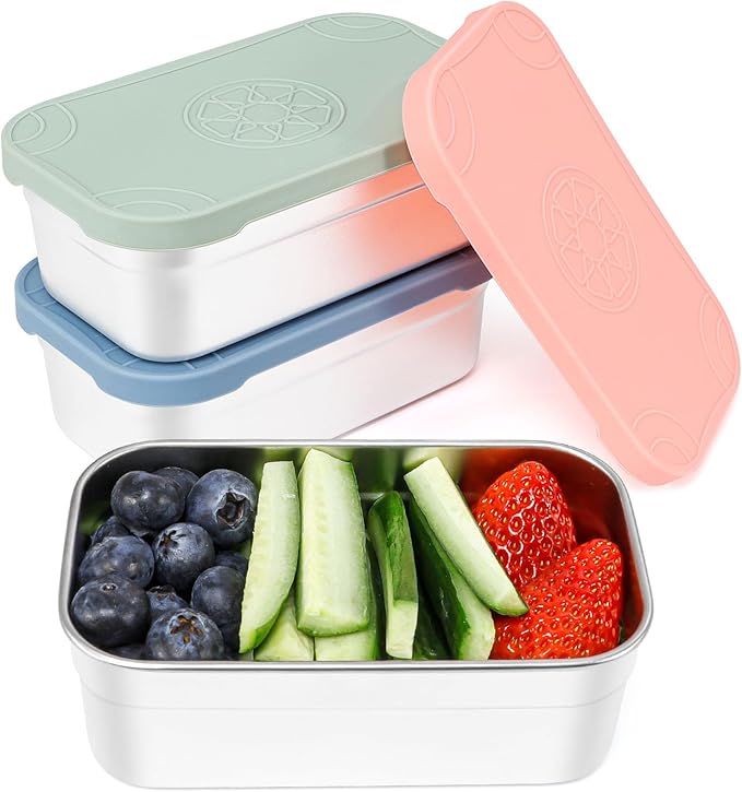 Caperci 3-Pack Large Stainless Steel Snack Containers with Silicone Lids - 15oz Reusable Small Food Storage Deli Containers for Snacks & Meal Prep, Leak-Proof, Easy Open & BPA-Free (440ML)